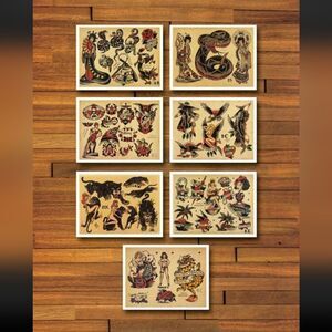 Set of 7 American Traditional Flash Sheet Prints, Size 8.5 x 11